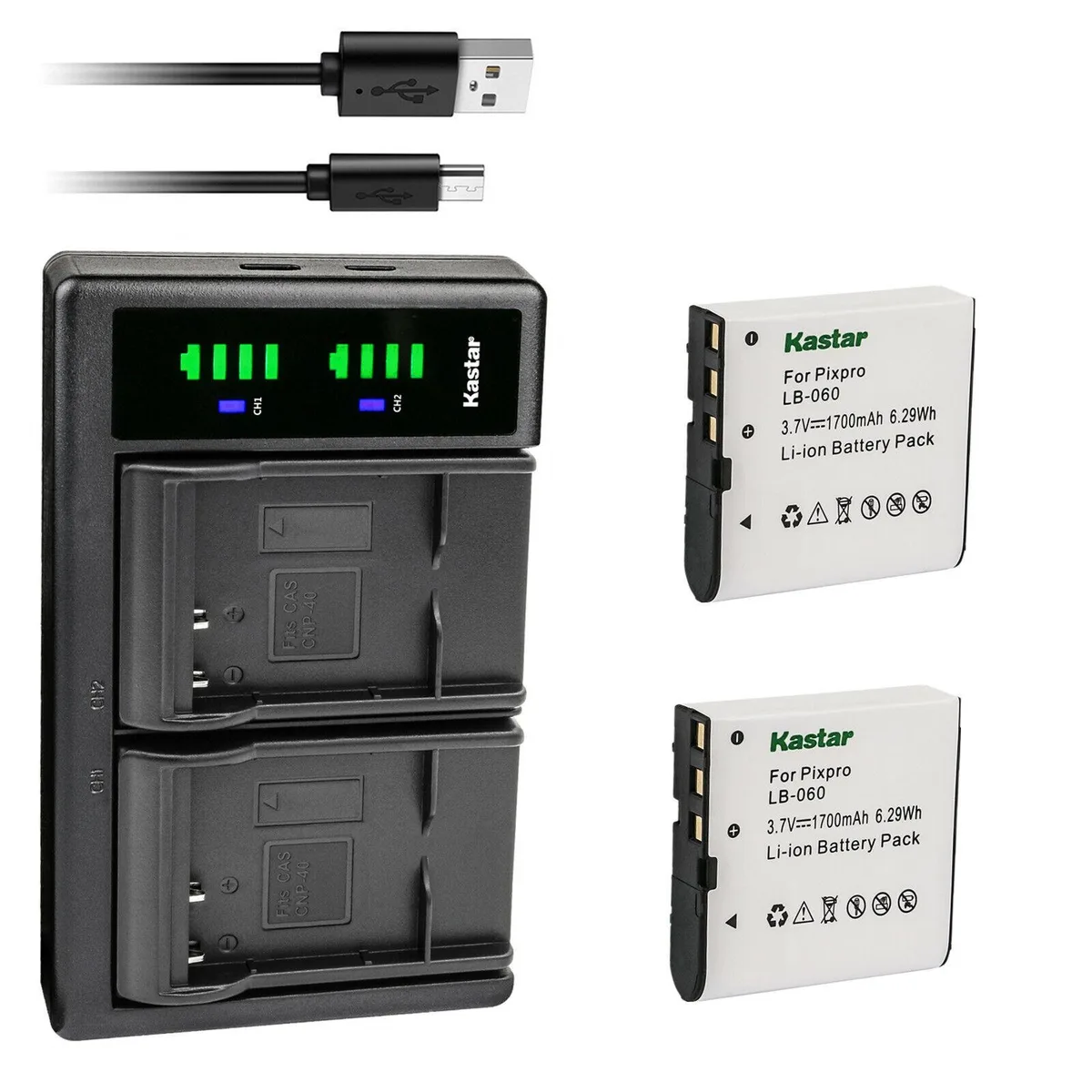 Kastar Kastar LB-060 2-Pack Battery &amp; LTD2 USB Charger for Kodak PixPro AZ525 AZ526 AZ527 AZ528 Minolta MN53Z — product photo