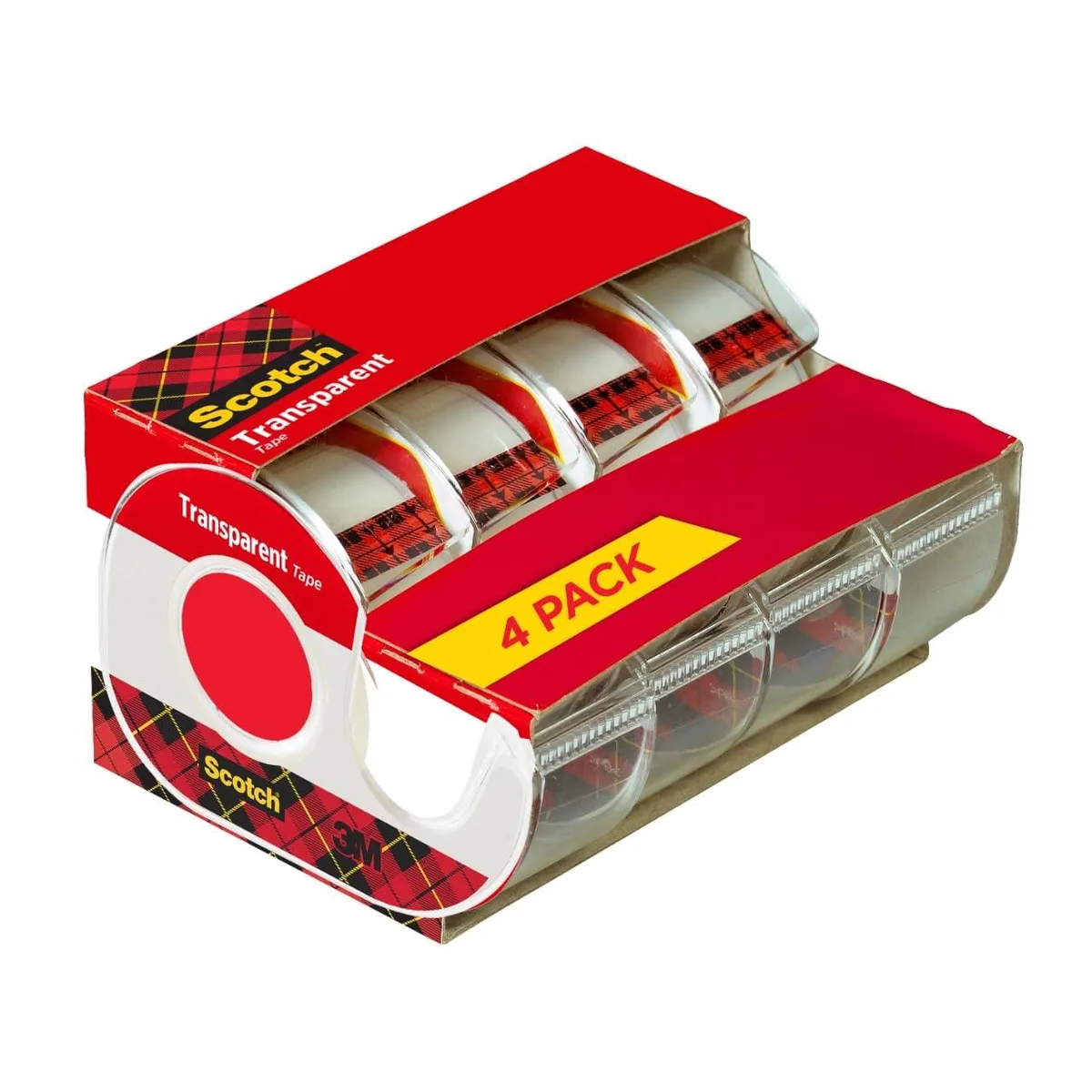 Four rolls of clear glossy tape in dispensers