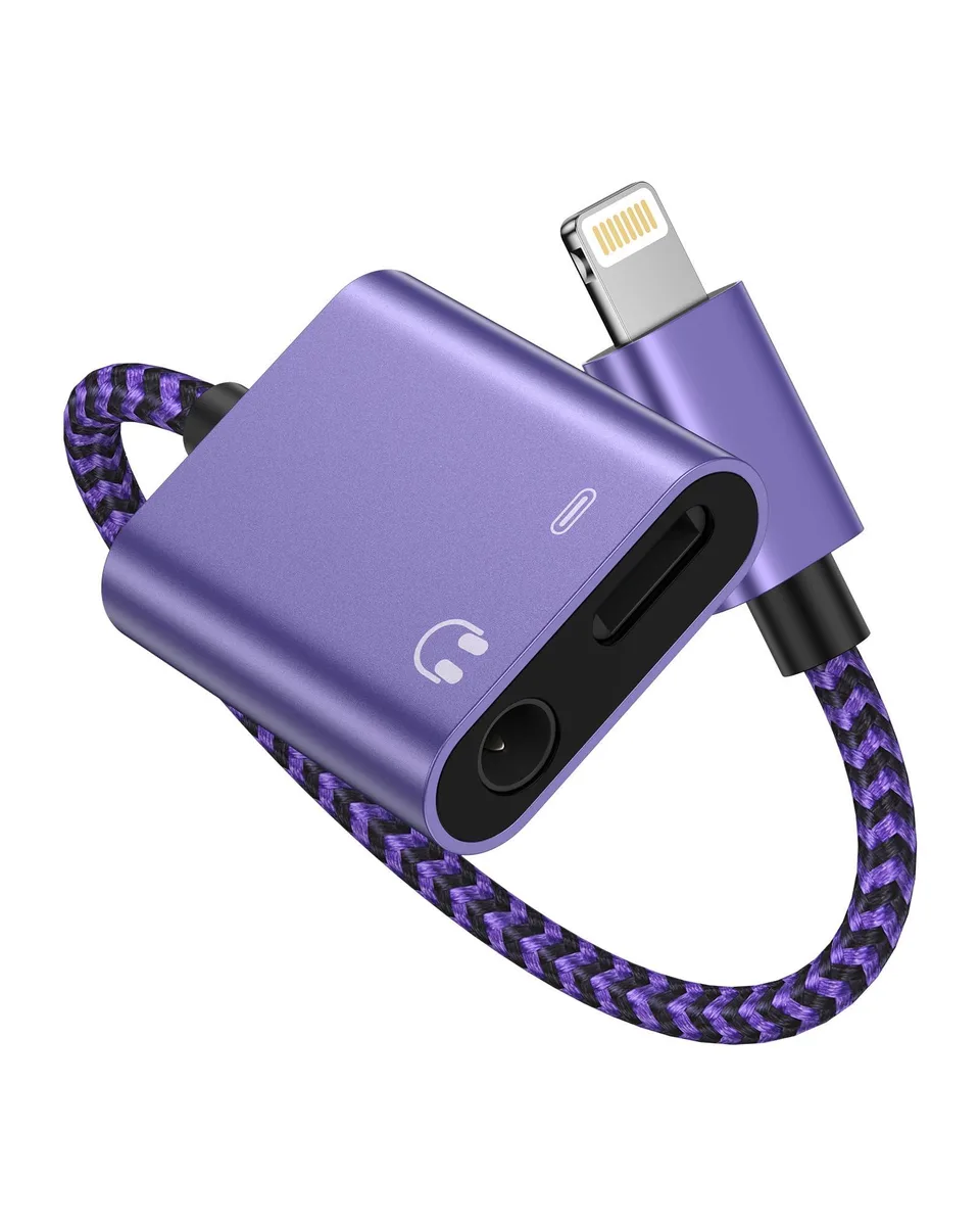 Purple 2-in-1 Lightning adapter with 3.5 mm jack and charging port, braided cable