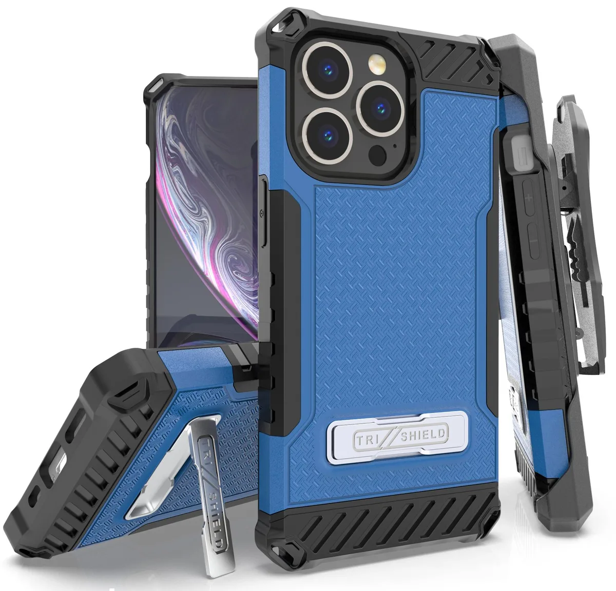Nakedcellphone Nakedcellphone Tri-Shield Kickstand Case + Belt Clip Holster + Strap Blue iPhone 13 Pro Max — product photo