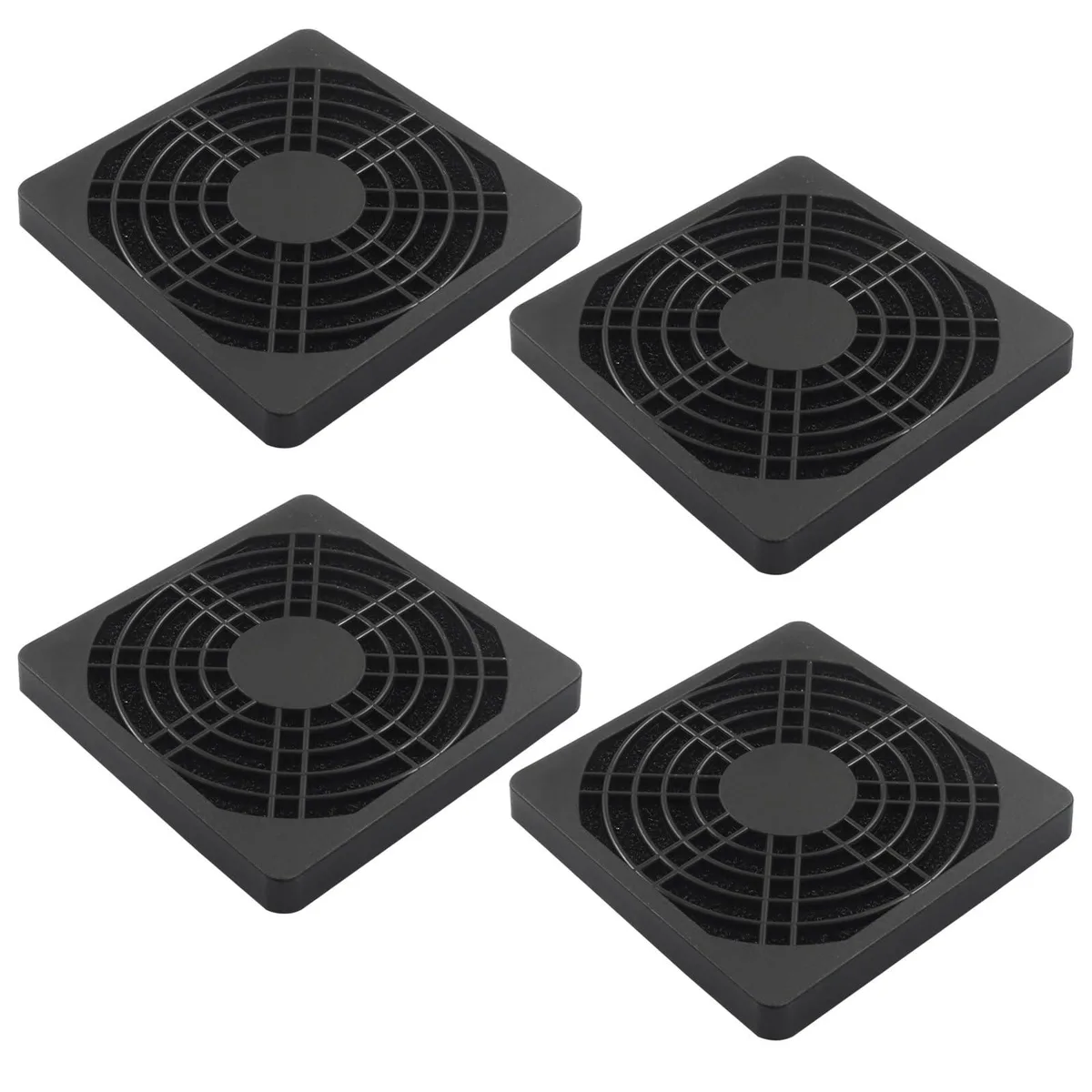 Four black square plastic mesh fan filters, 80mm