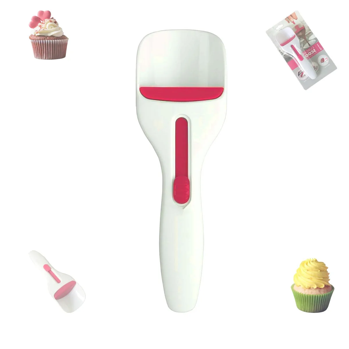 White plastic batter dispenser with sliding button, 19.5 × 6 × 4.5 cm