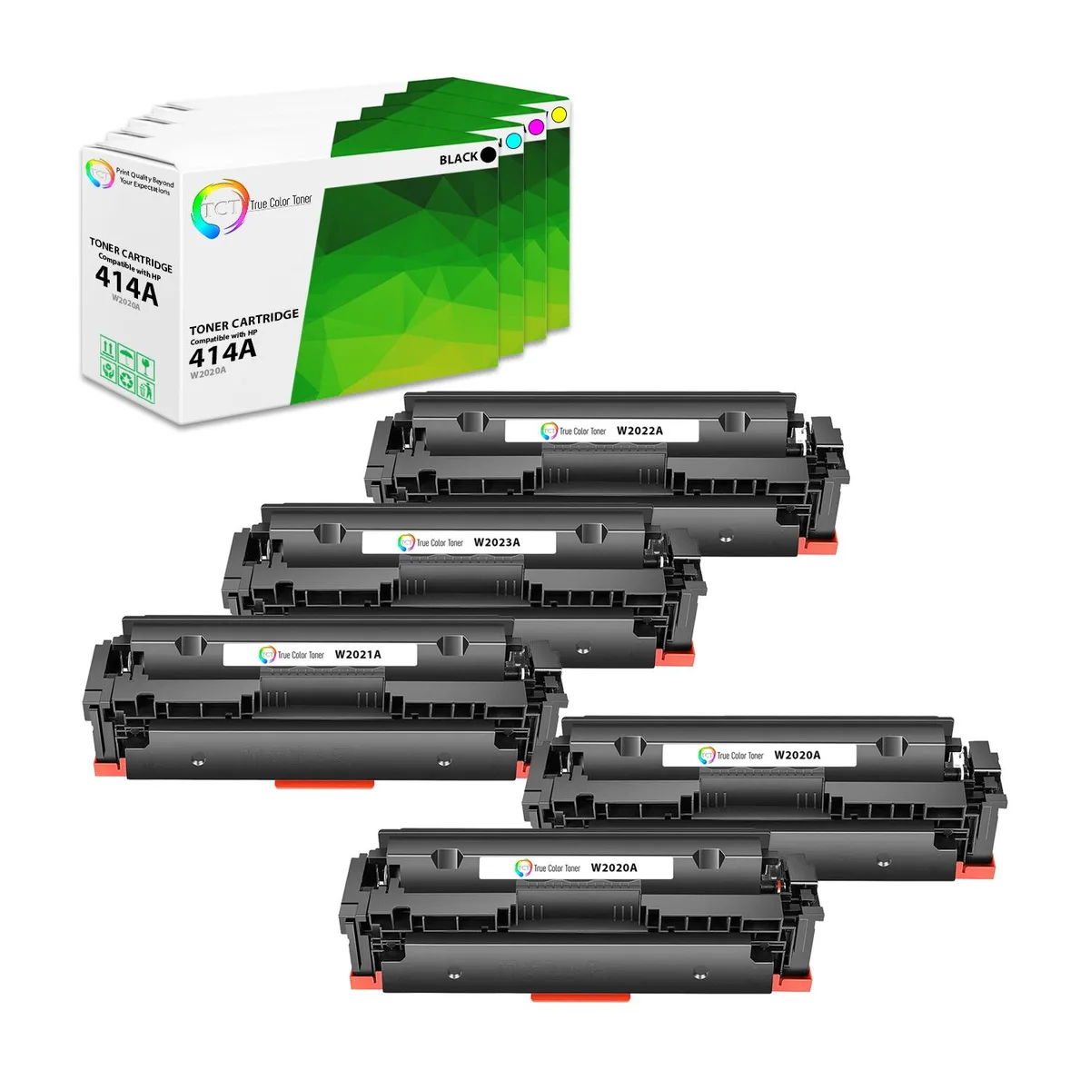 True Color Toner True Color Toner 414A 5-pack toner cartridges (W2020A W2021A W2022A W2023A) — product photo