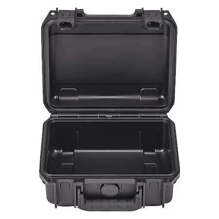 Black rectangular protective case with two front latches and a folding handle on top