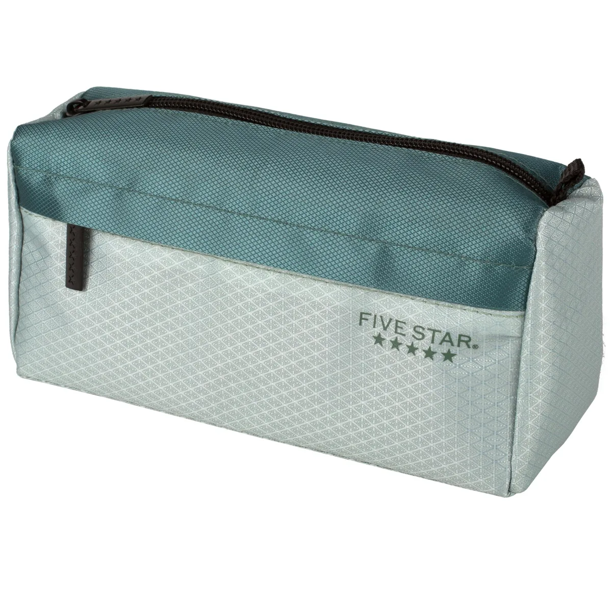 Green polyester zipper pouch with multiple pockets, rectangular shape
