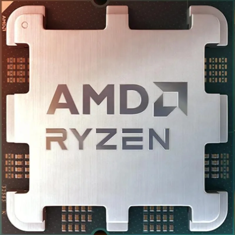 Square green CPU with gold contacts and silver heat spreader, Ryzen 5 7500F text