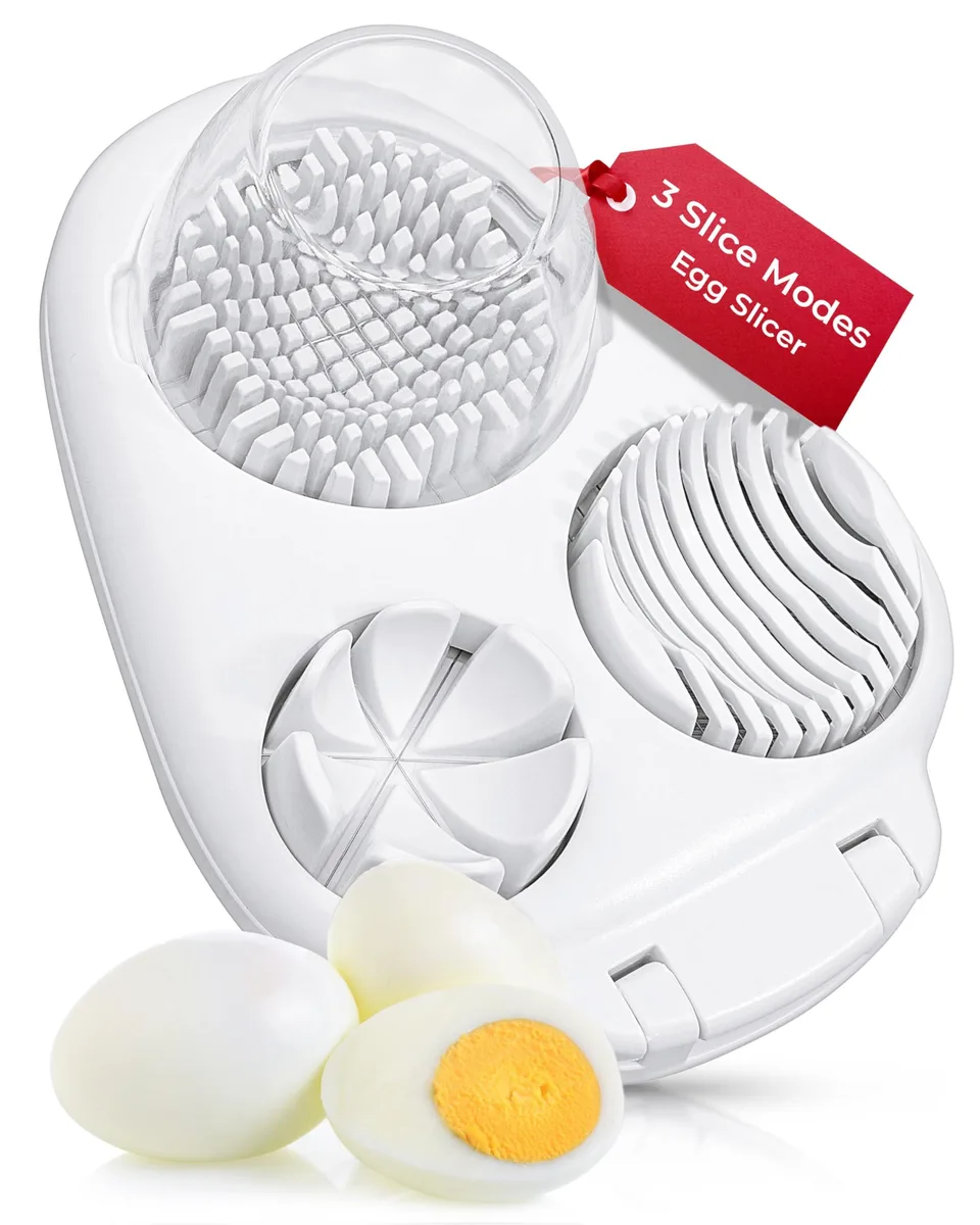 White plastic egg slicer with stainless steel wires and a clear container