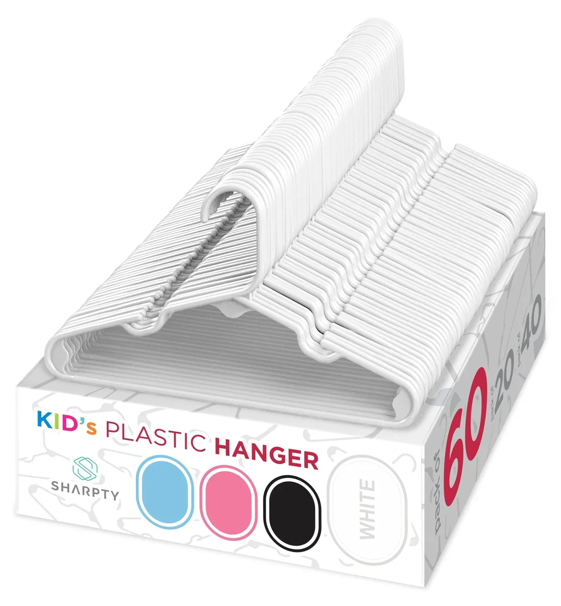 Pack of 60 white plastic children's hangers, 11.7 by 6.5 inches, notched shoulders, smooth finish