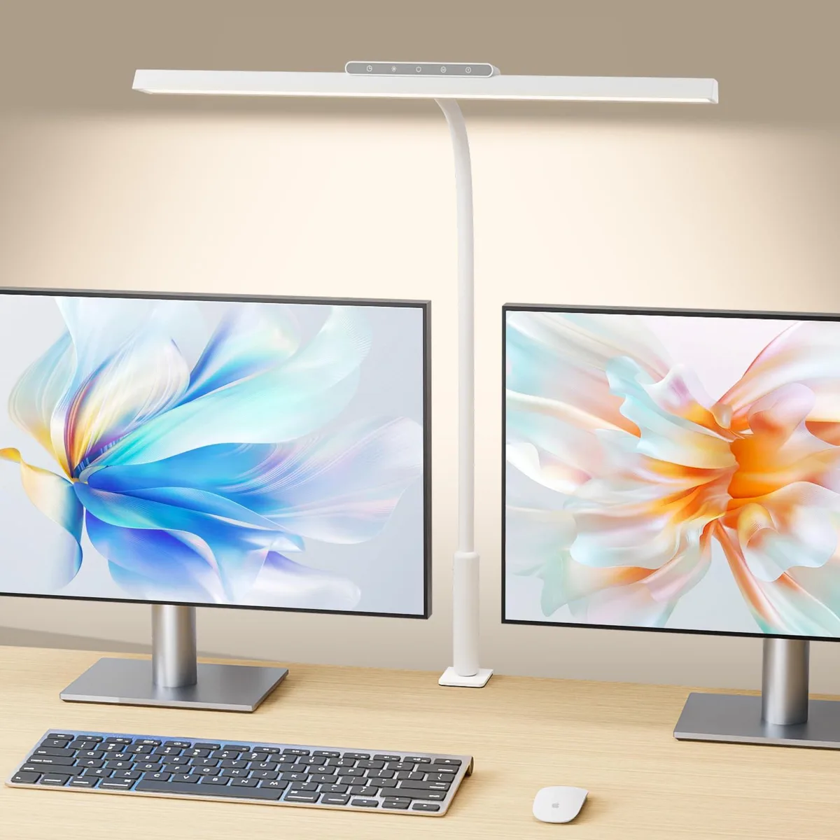 Silver clamp desk lamp with long flexible gooseneck and touch panel