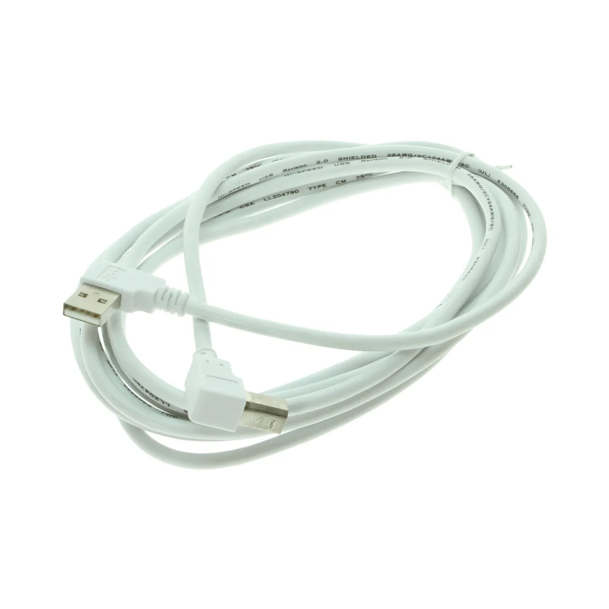 White 10 ft USB 2.0 cable with right-angle A and B connectors
