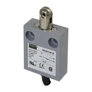 Small rectangular limit switch with vertical roller plunger actuator on top