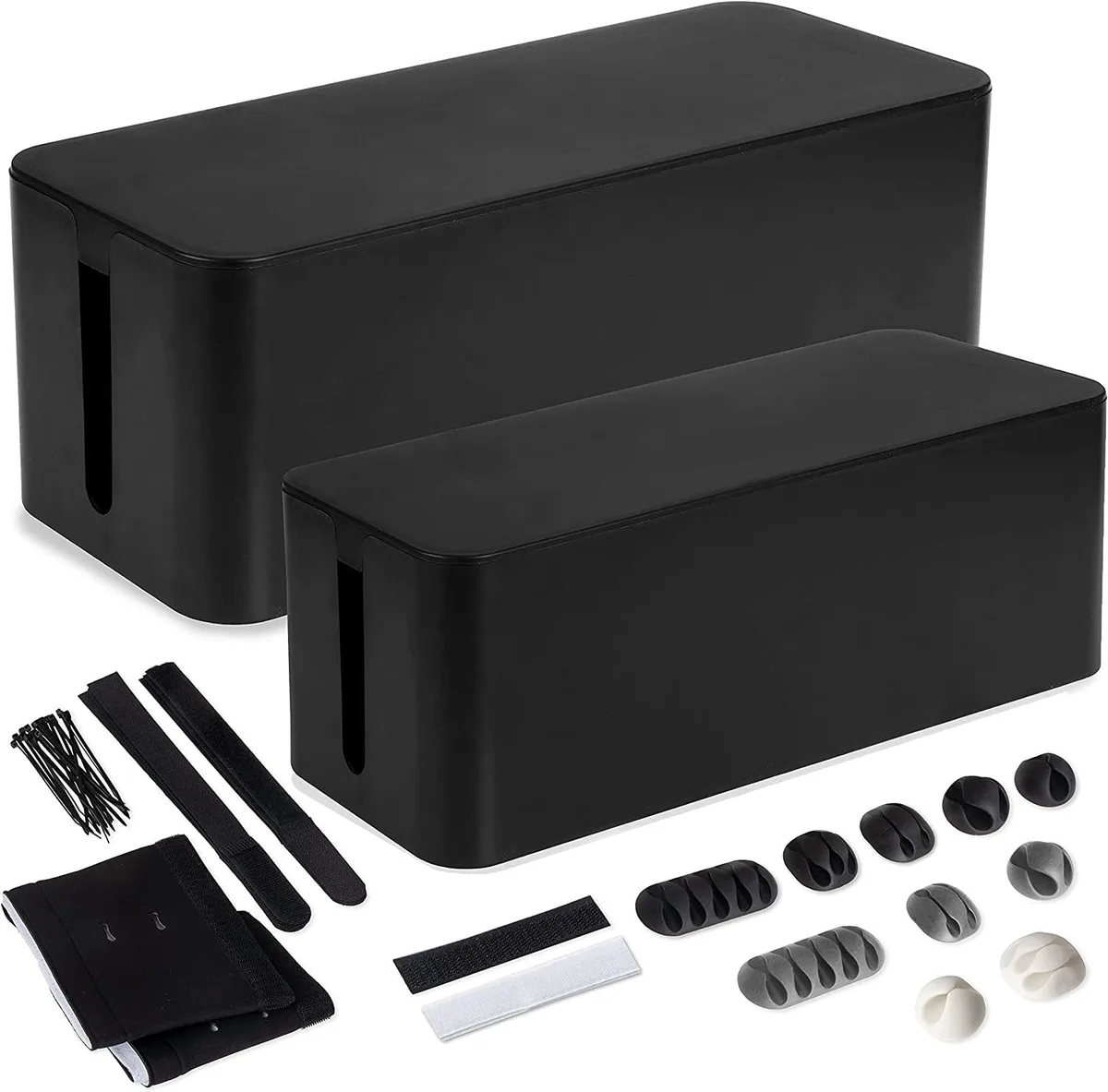 BFKK BFKK Cable Management Box 2 Pack with Sleeve, 20 Zip Ties, 10 Clips, 4 Keepers — product photo