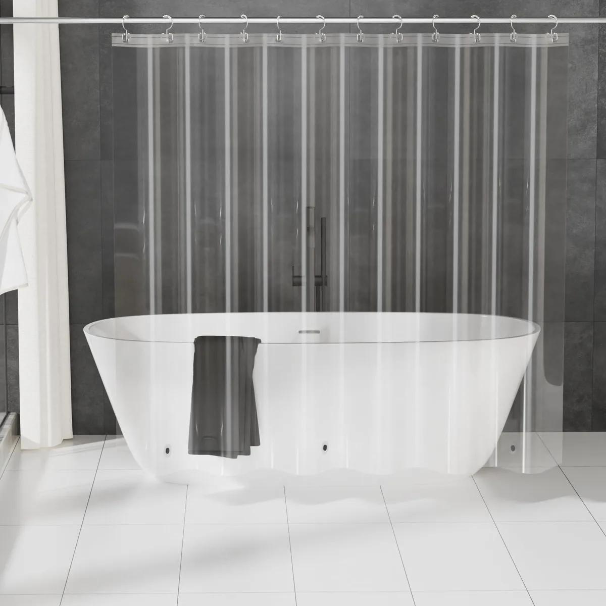 Clear PEVA shower curtain liner, 72 by 72 inches, transparent with weighted magnets and stainless steel rings