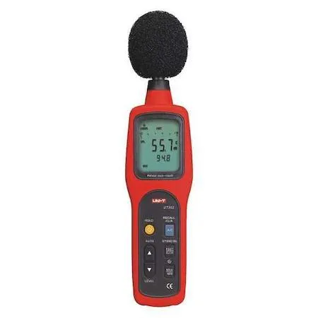 White rectangular digital sound level meter with LCD display and control buttons