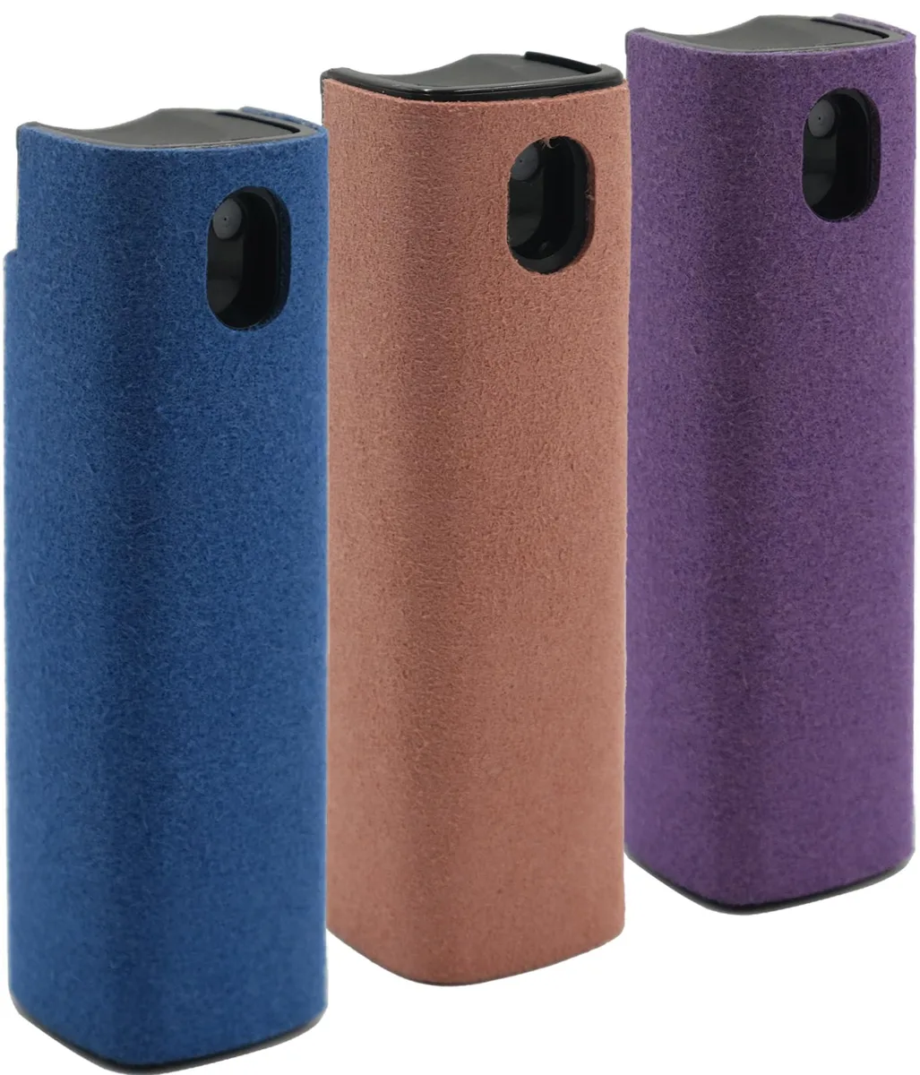 Three lipstick-sized screen cleaners in pink, purple and blue with built-in microfiber cloths