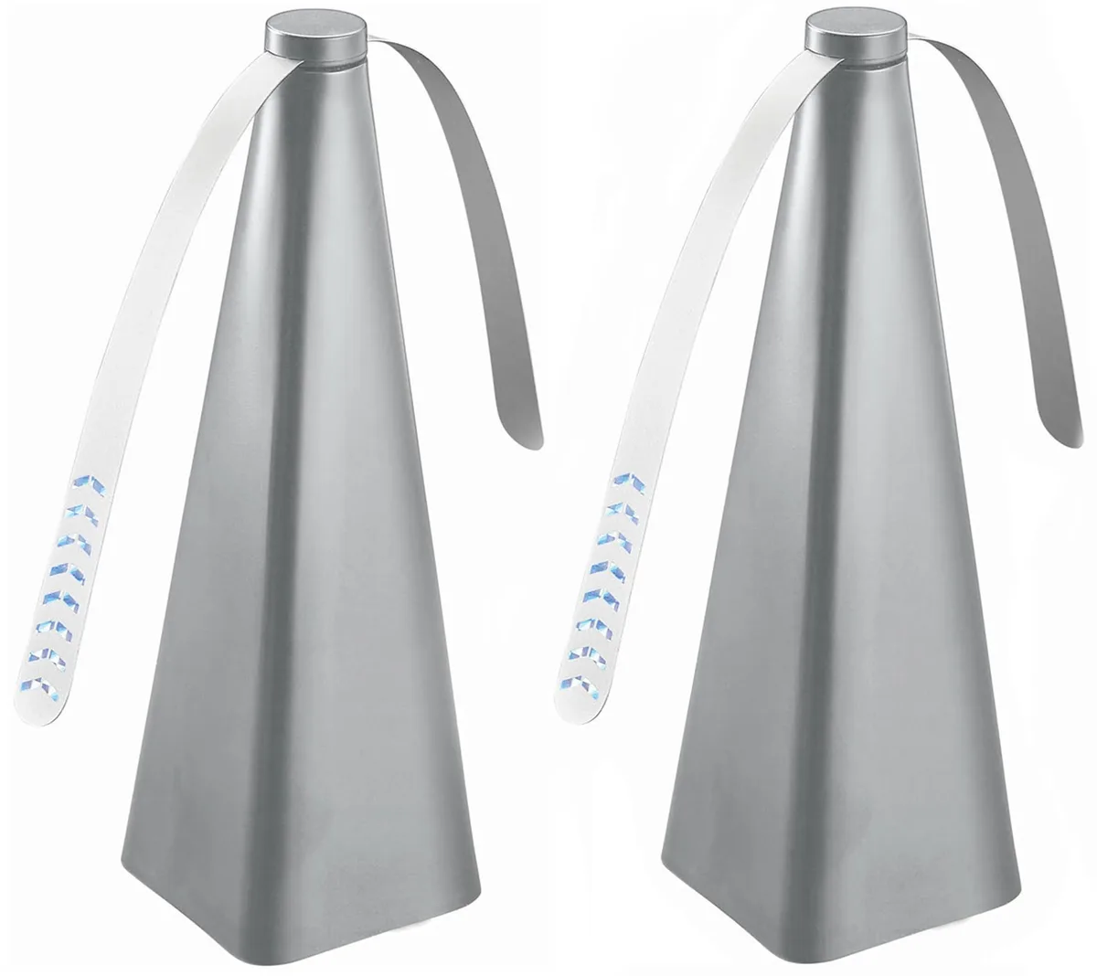 Two silver battery-powered fans with holographic spinning blades