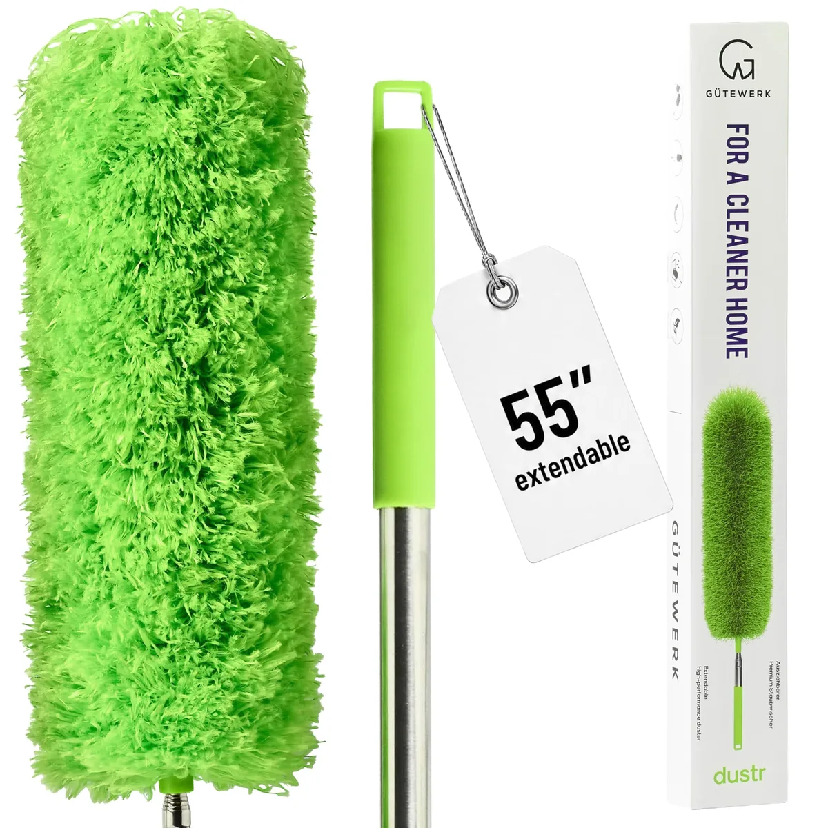 Green microfiber duster head on a 55 inch stainless steel telescopic pole with 360 degree bendable joint