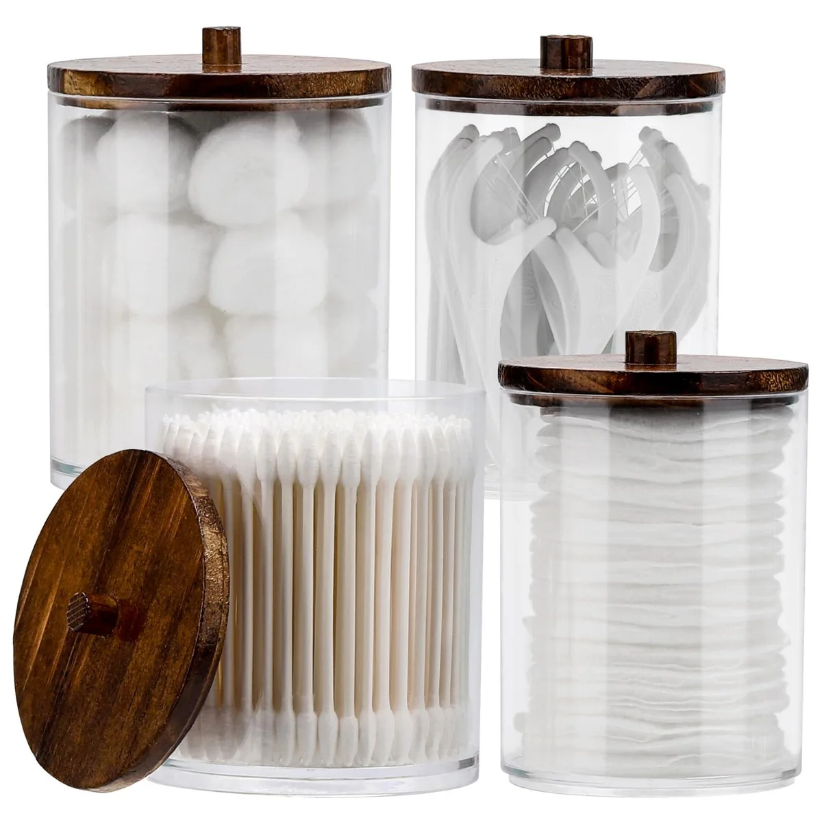 Four clear plastic jars with brown wood lids, two 12oz and two 10oz