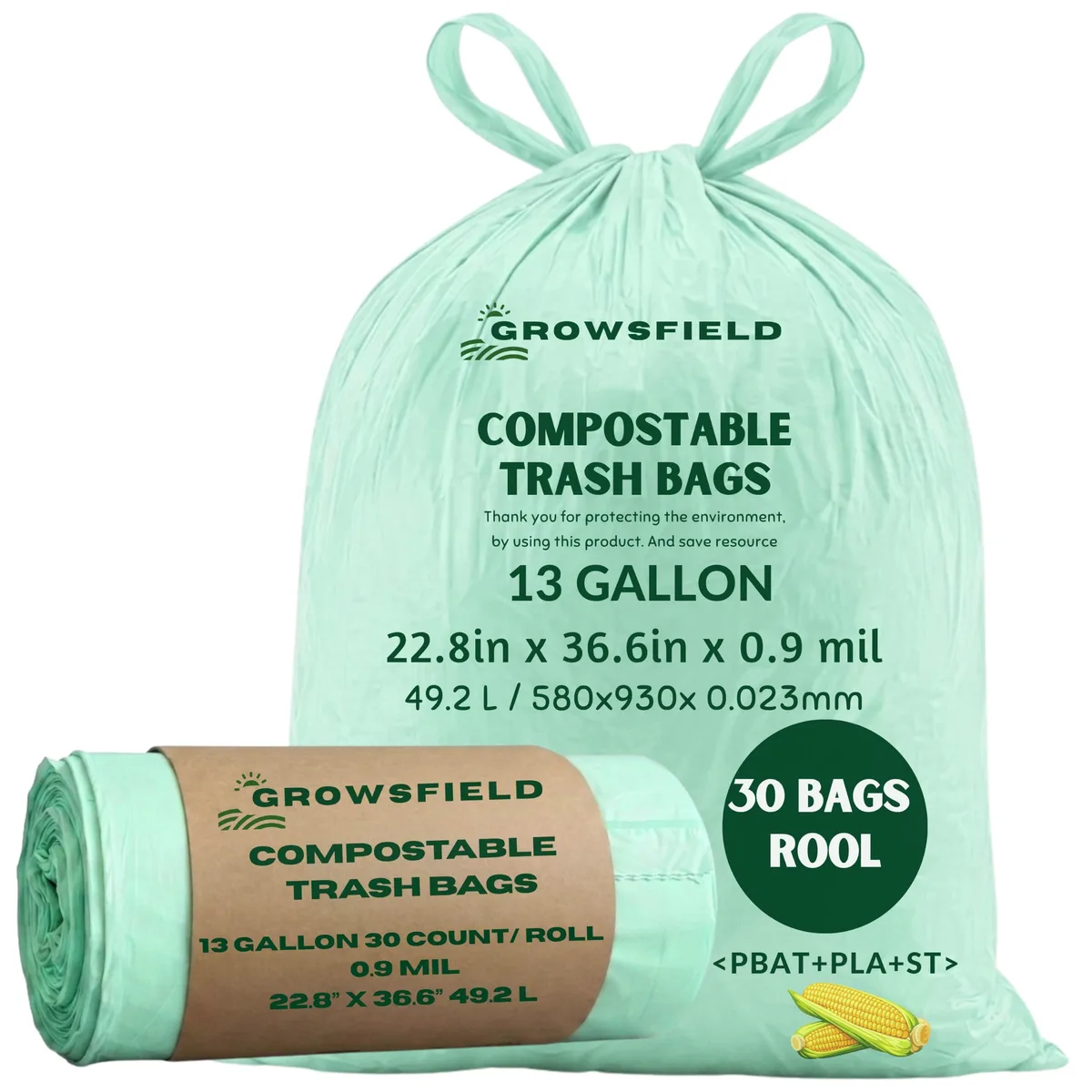 Roll of green compostable trash bags with easy-tie handles