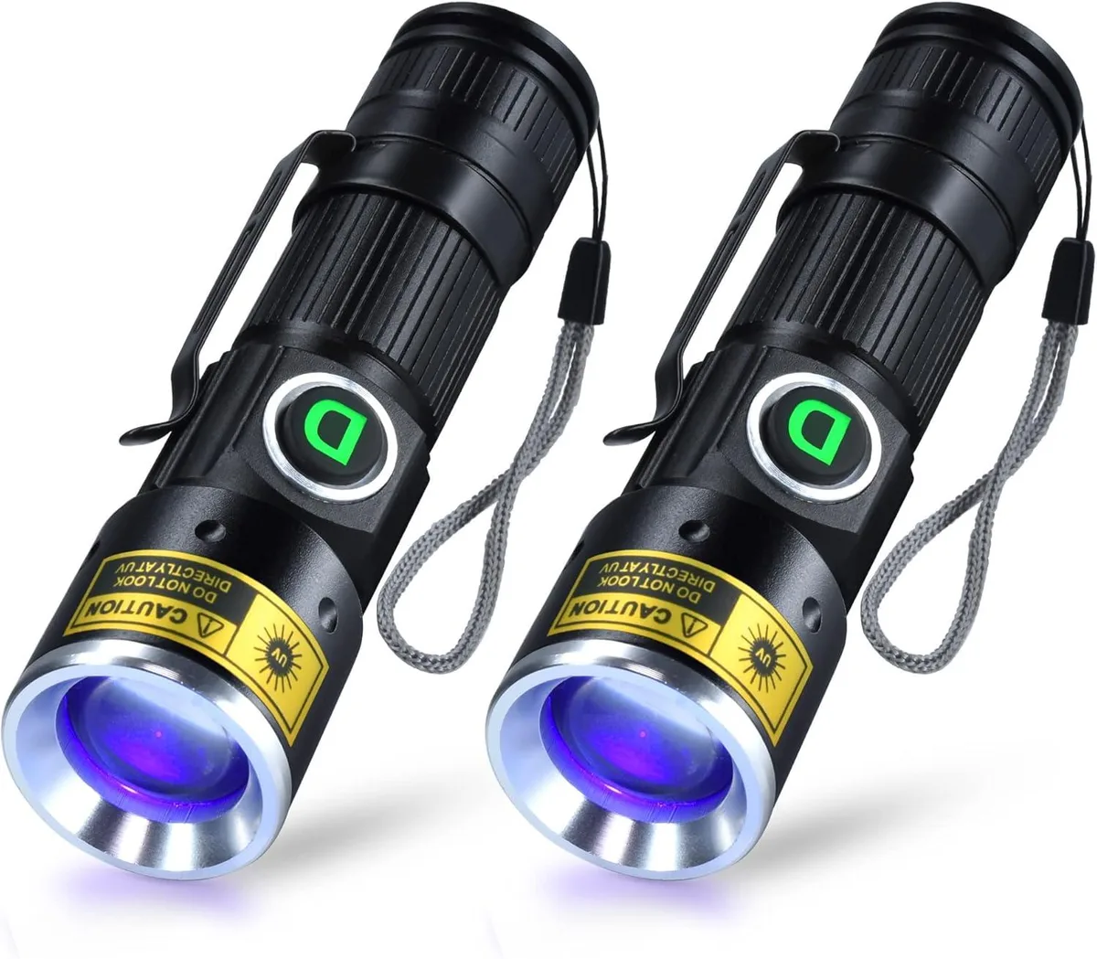 Two small aluminium UV flashlights with zoom heads and hidden USB plugs