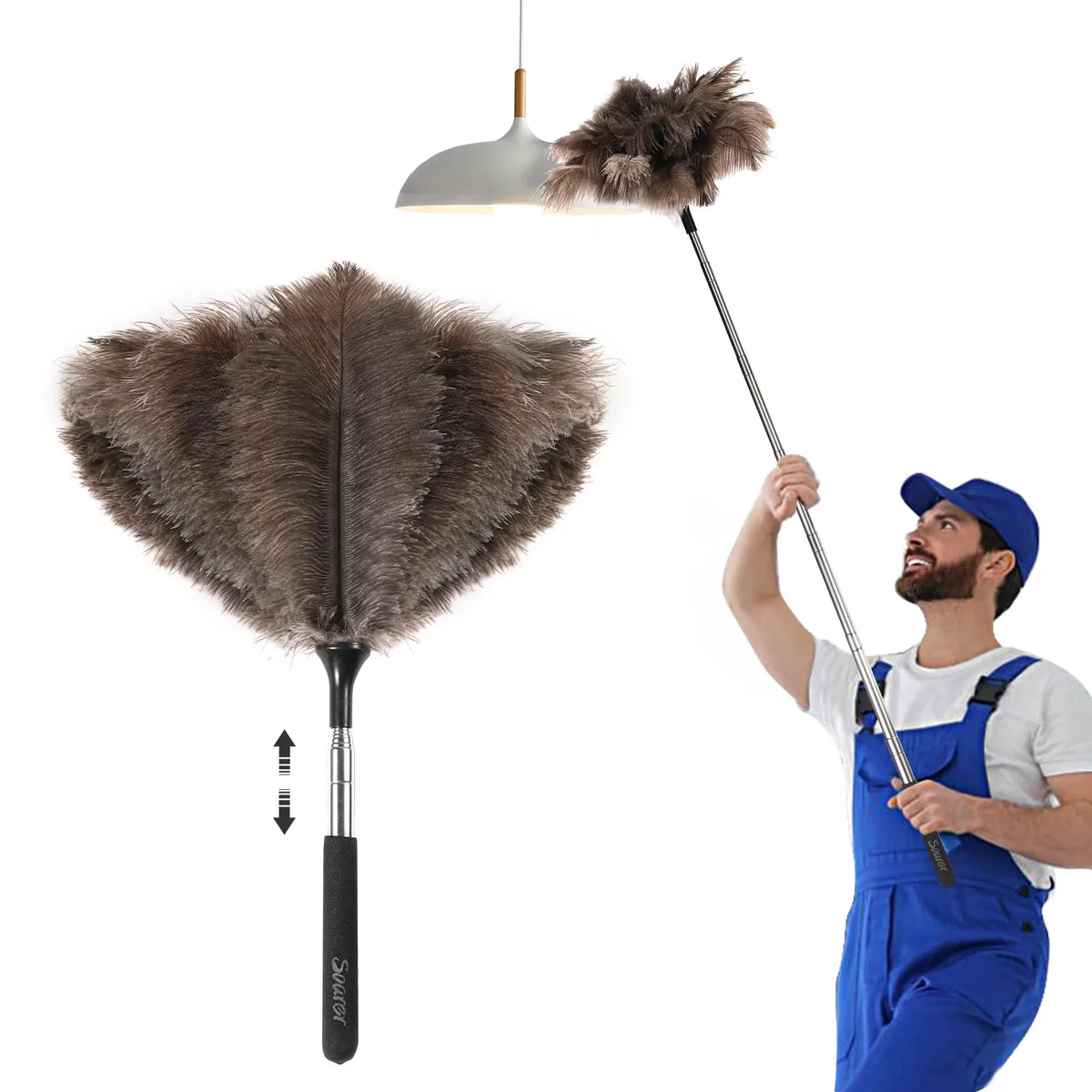 White ostrich feather duster with extendable stainless steel handle, 40 inch reach