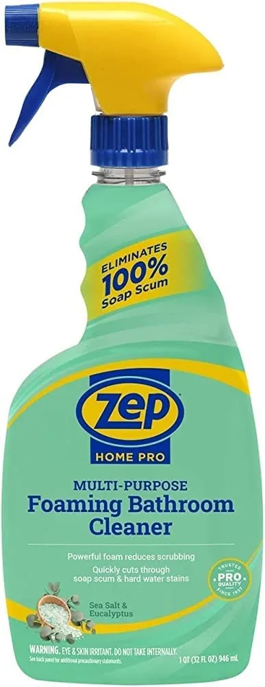 White spray bottle with blue label, 32 fl oz foaming bathroom cleaner