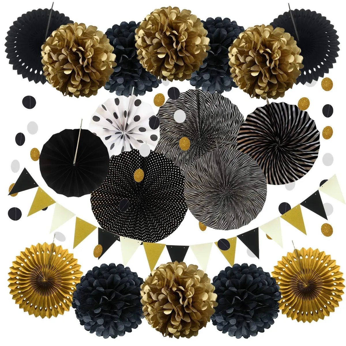 Flat-lay of 21 black and gold paper party decorations including triangular pennants, circle garlands, paper fans