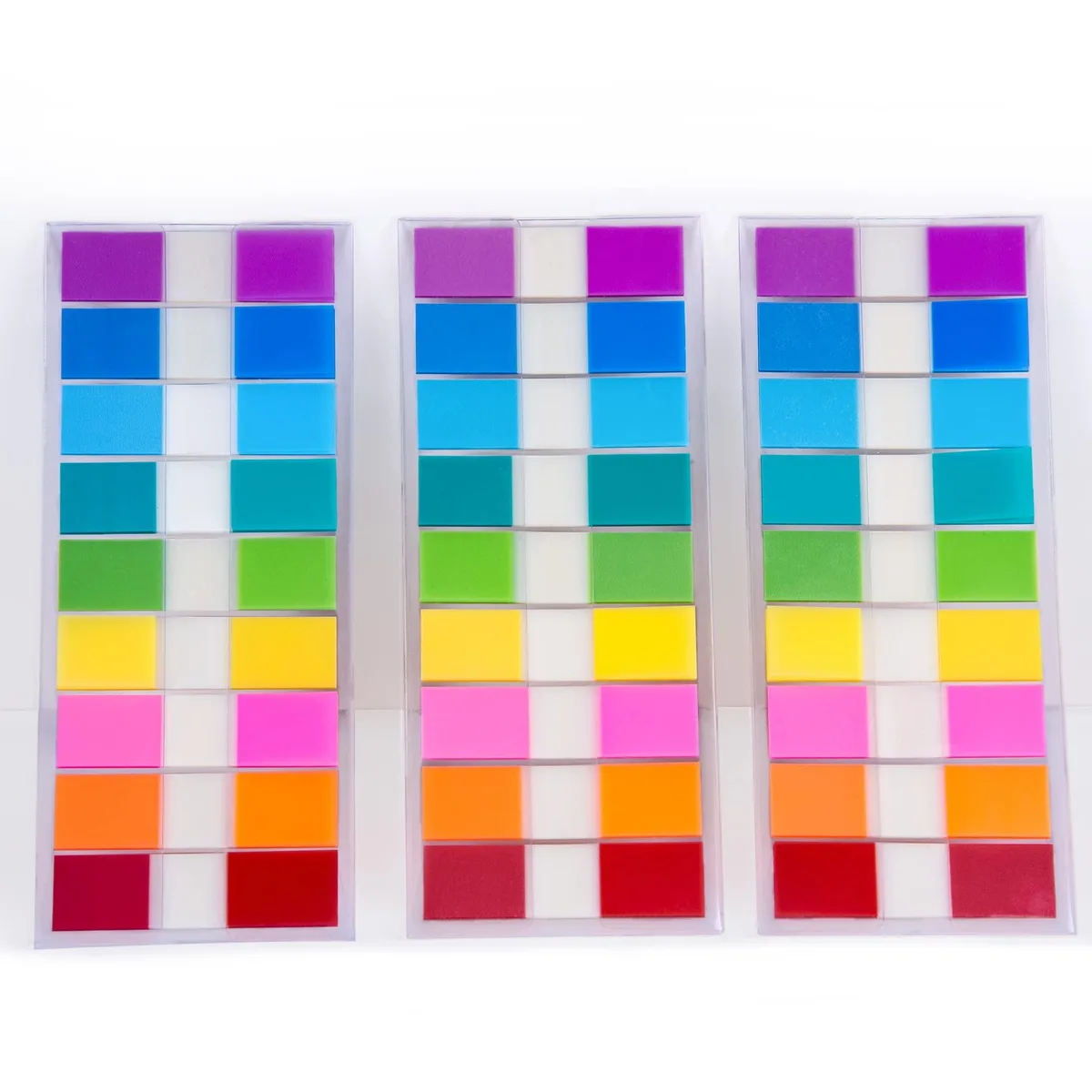 Pack of 540 transparent fluorescent sticky tabs in nine colours, small square sheets .47 inches wide