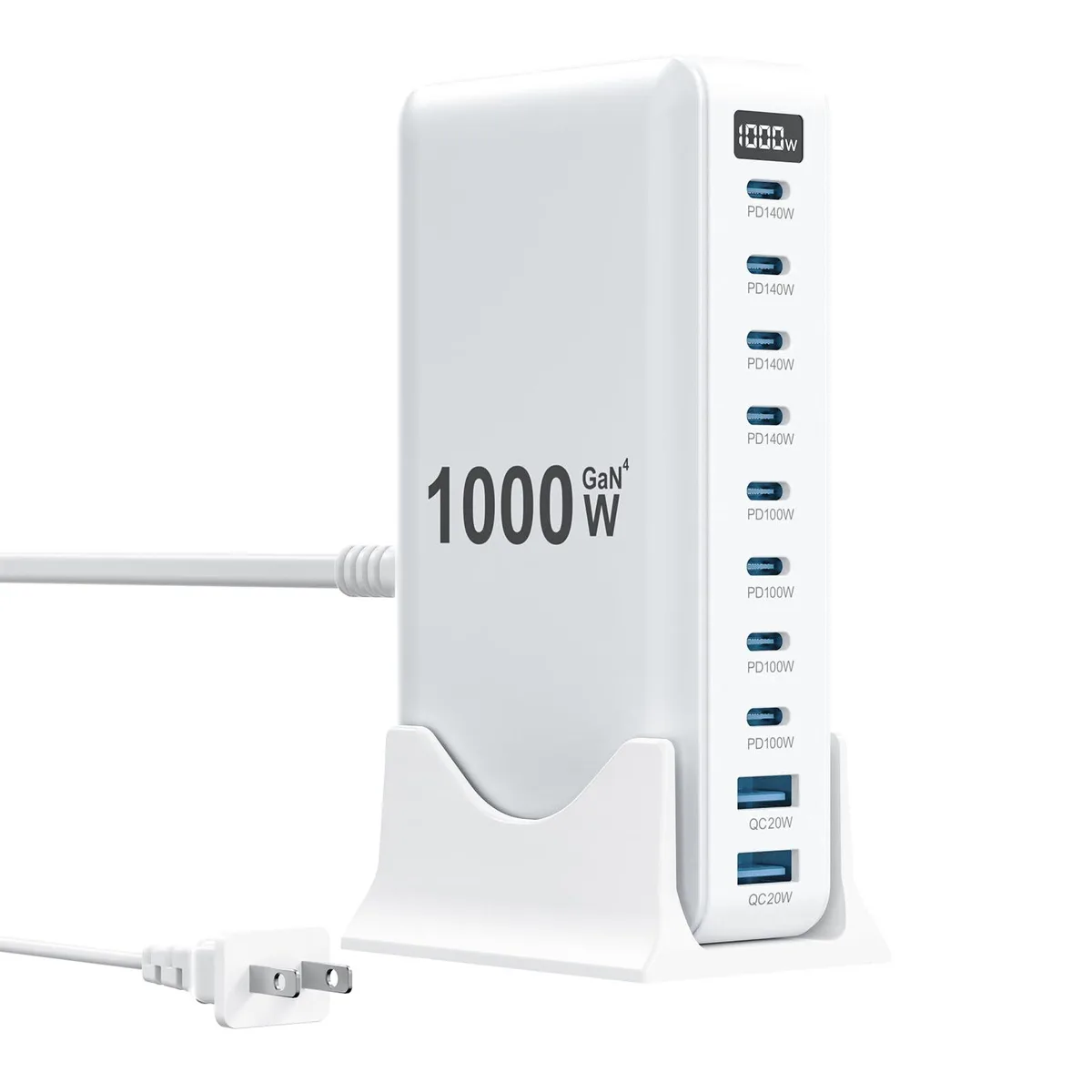 White rectangular 10-port GaN charger with detachable base, eight USB-C and two USB-A ports, compact 5.3 by 3.1 by 1.2 inch form factor