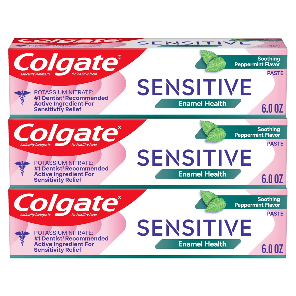 Three white 6oz toothpaste tubes in a rectangular pack