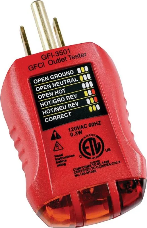 Yellow plastic GFCI outlet tester with three indicator lights and black test button