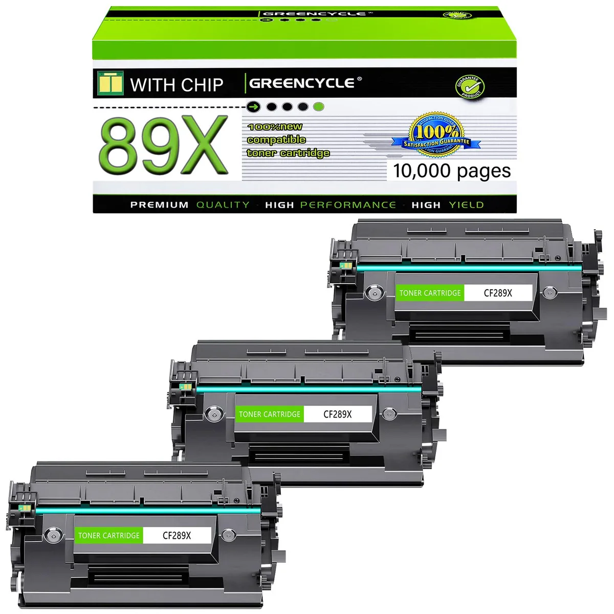 Three rectangular black toner cartridges in white packaging side by side