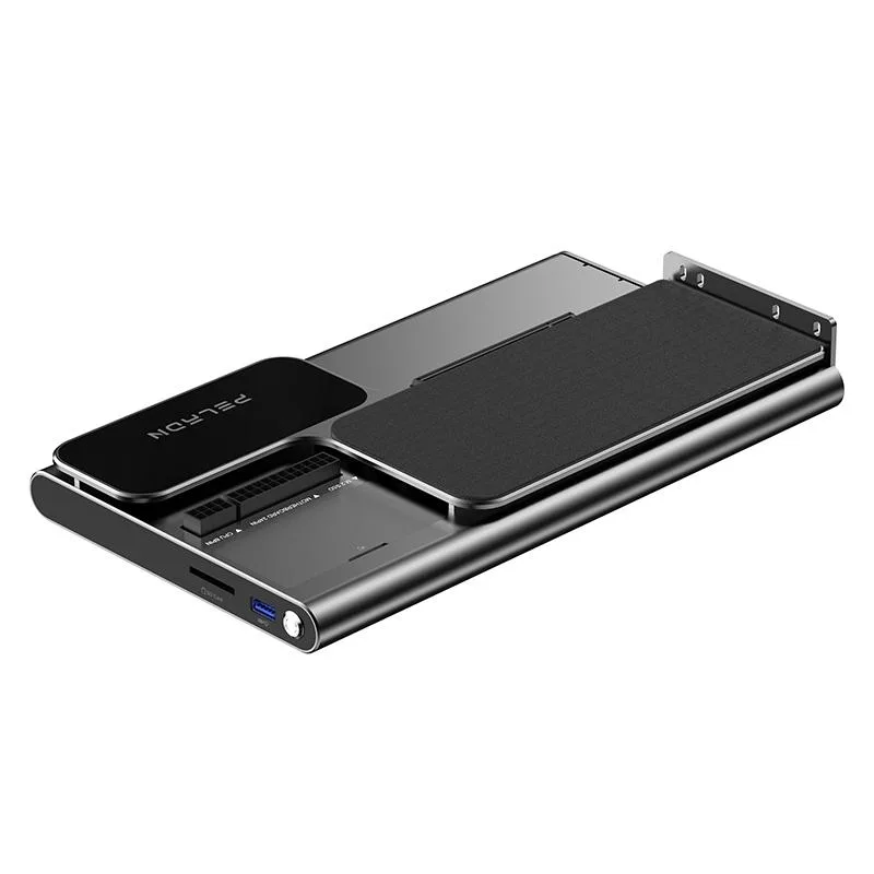 Black rectangular Thunderbolt 5 GPU docking station with multiple ports and ATX power supply