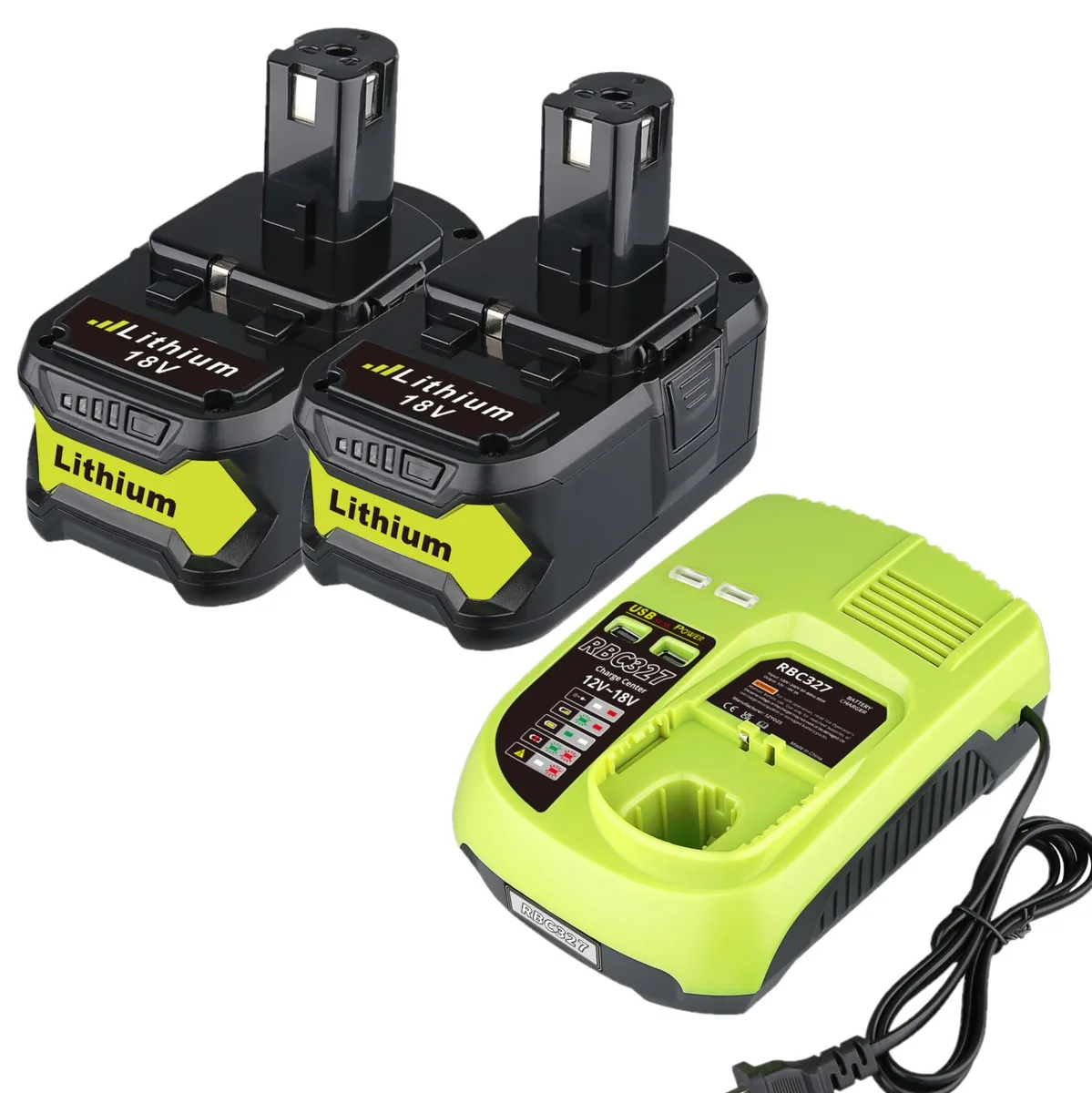 Green rectangular lithium-ion battery with Ryobi One+ branding