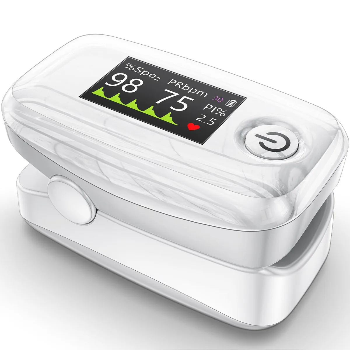 White fingertip pulse oximeter with colour TFT-OLED screen, lanyard and batteries