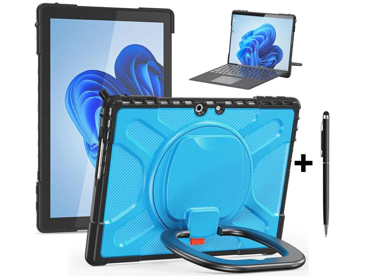 Blue rugged silicone case with rotating hand strap and stand for Surface Pro 9 and Pro 10