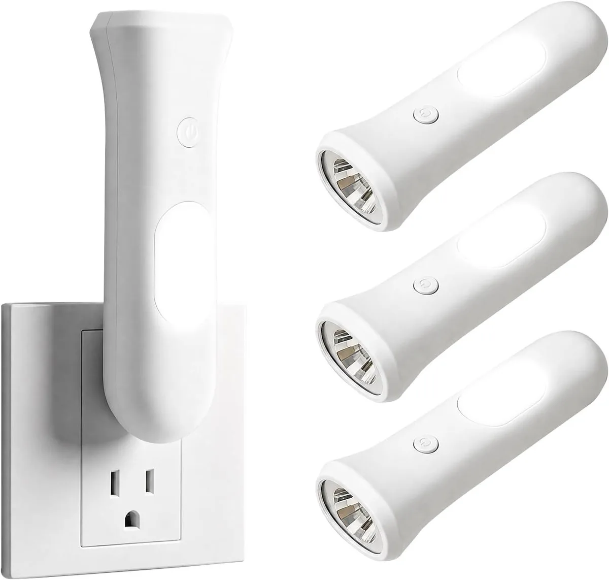 Three white plug-in LED emergency lights, compact rectangular shape, smooth matte finish