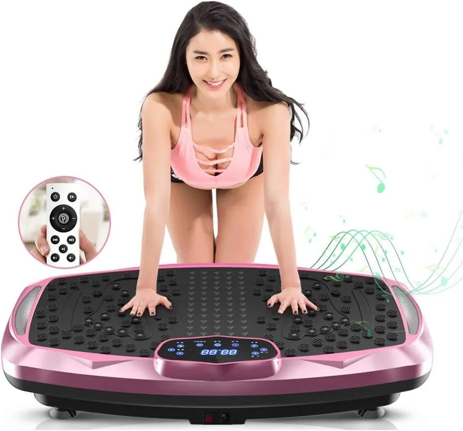 Rectangular black vibration platform with curved edges, LCD display and remote control