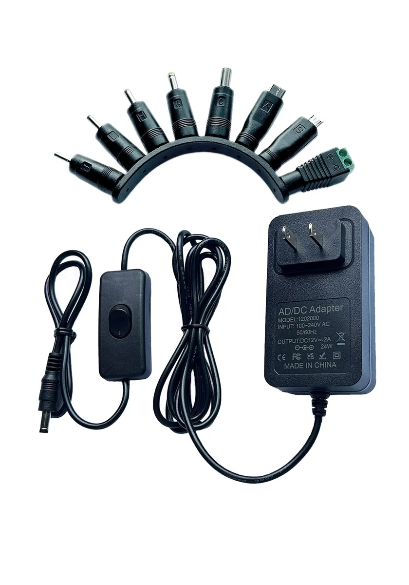 Black rectangular power adapter with 6.2-foot cable and eight interchangeable barrel tips