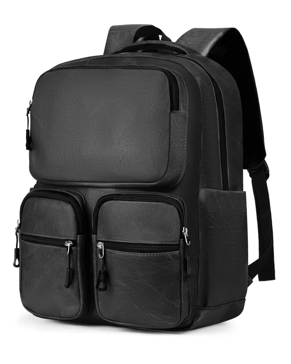 Vegan leather laptop backpack with padded 15.6-inch sleeve and luggage strap