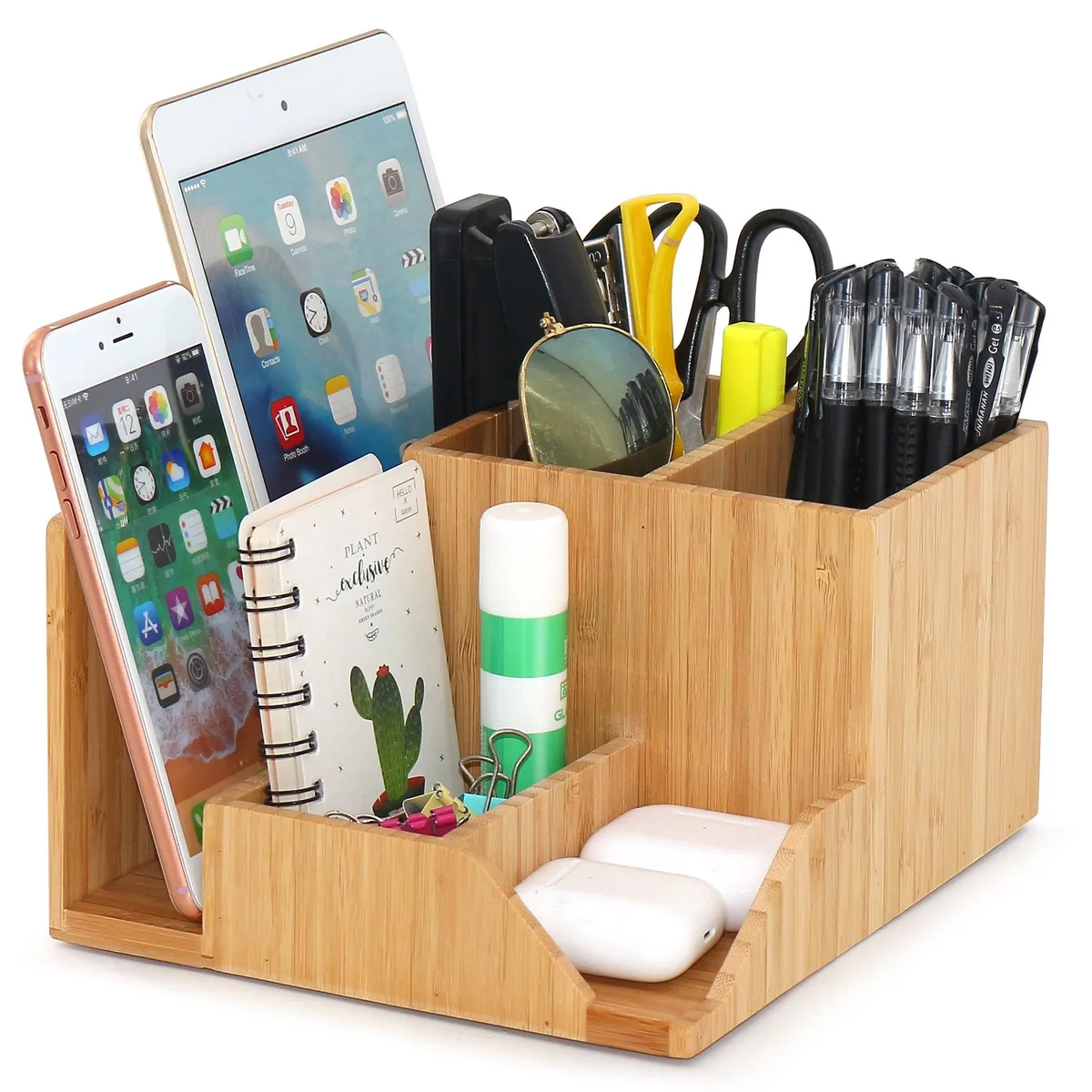 Natural bamboo desktop organizer with five compartments and rubber feet