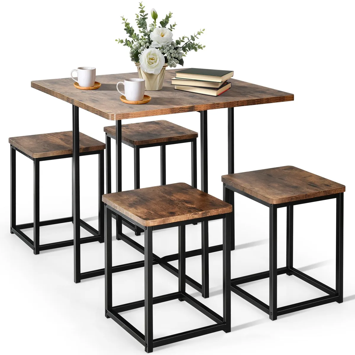 Walnut-finished square table and four matching stools with black metal frames, stools tucked underneath