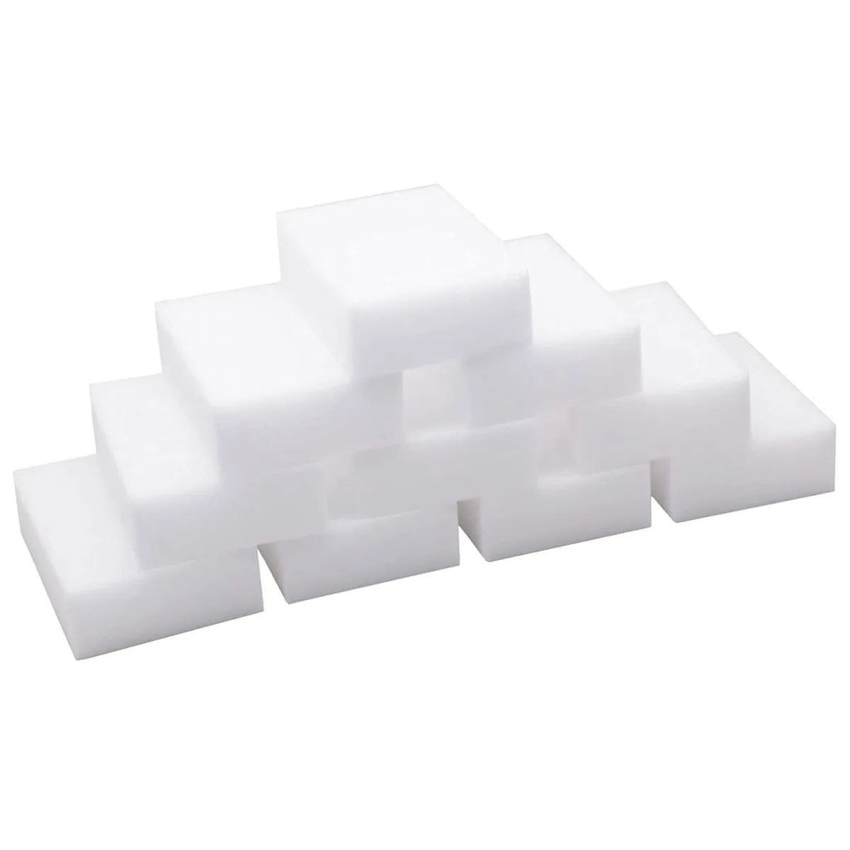 Ten white rectangular melamine sponges, each 100 by 60 by 20 millimetres