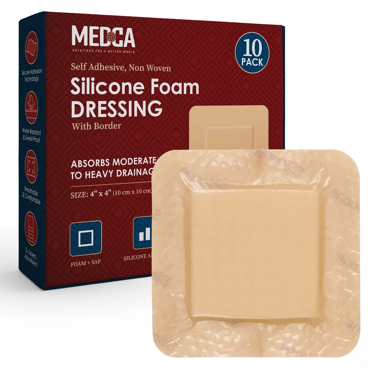 Pack of ten square white foam dressings with adhesive border