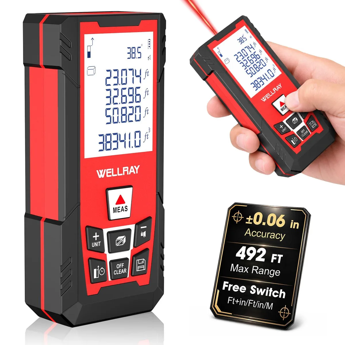 Handheld laser distance meter, dark grey body, red laser aperture, small colour display, rubber side grips, wrist strap attached