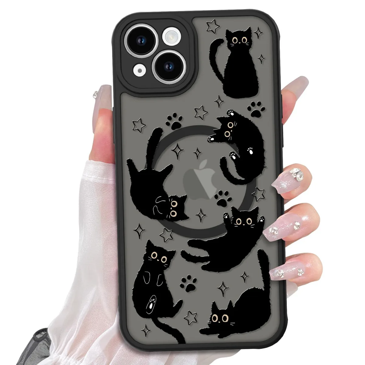 Black phone case with cat pattern, soft bumper, hard back, magnetic ring visible