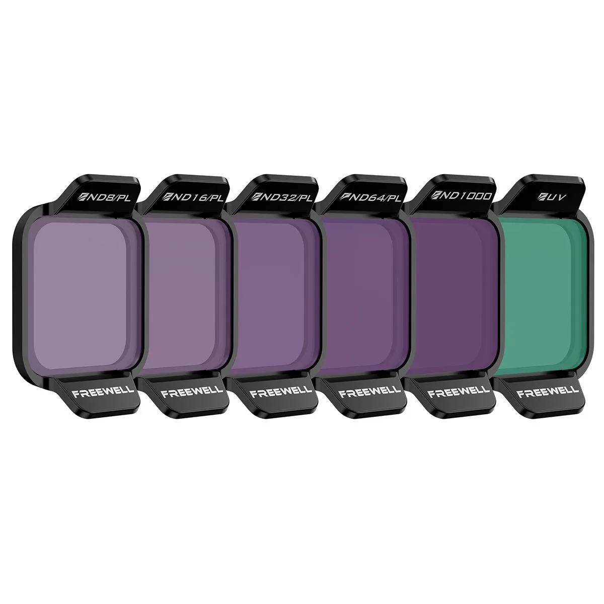 Set of six small circular lens filters in a row