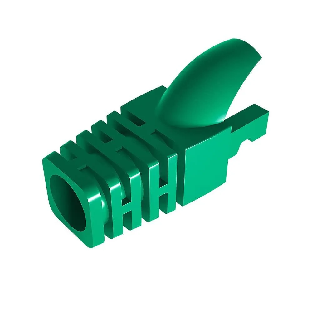 Fifty green RJ45 strain relief boots, small tapered plastic caps with a narrow opening at one end