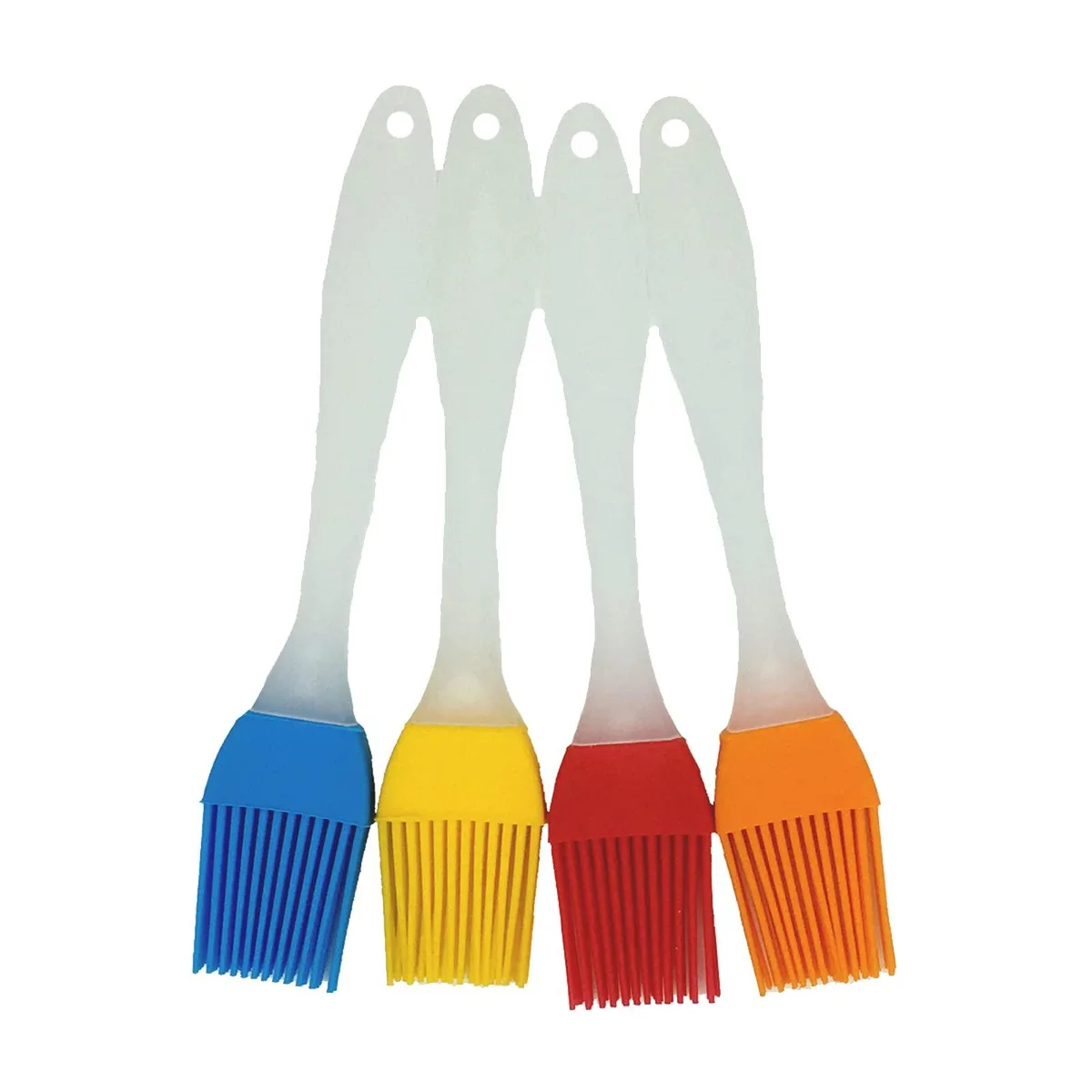 Four rectangular silicone basting brushes in bright colours, each 24 cm long with plastic handles