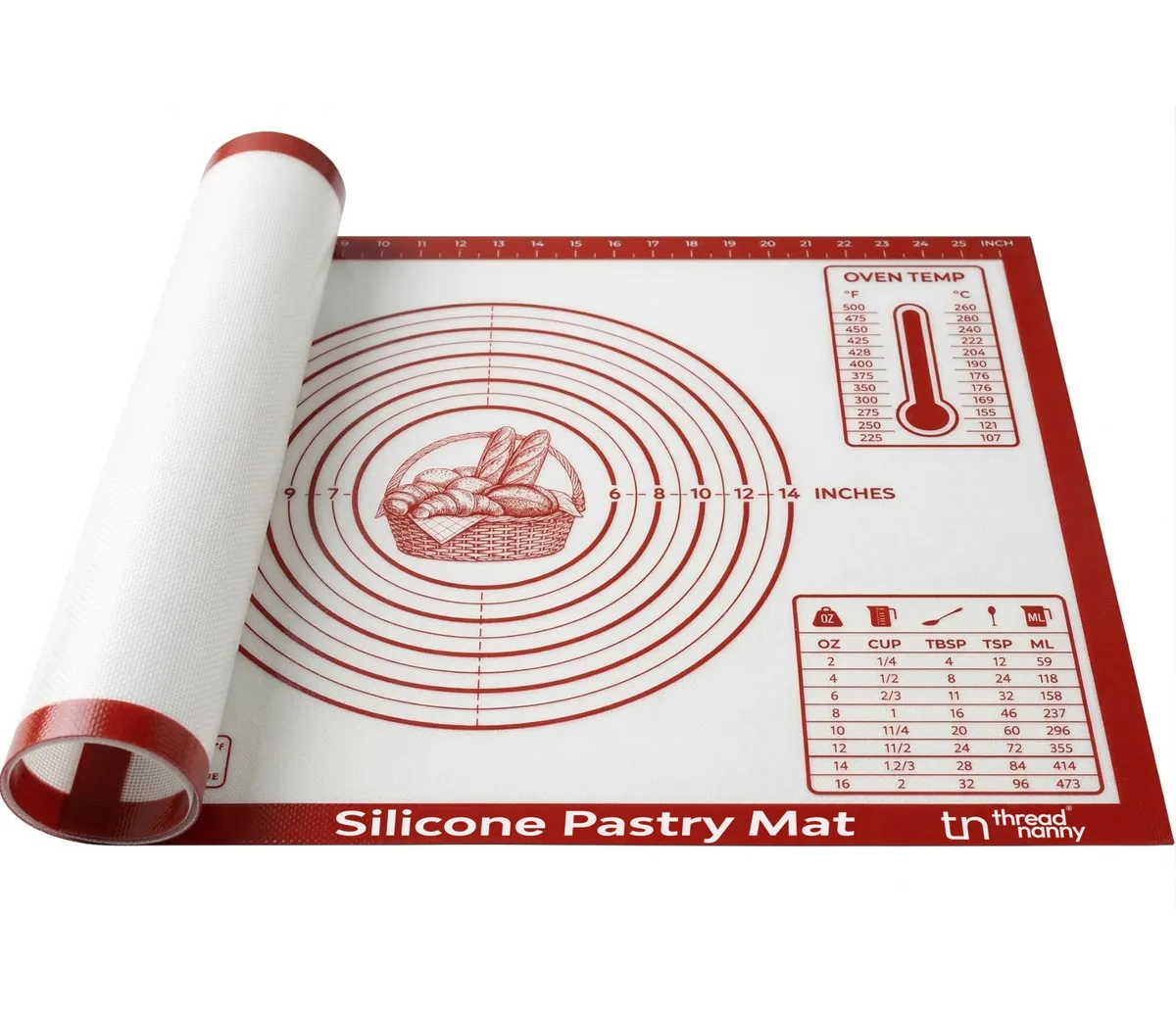 Rectangular red silicone mat measuring 28 by 20 inches with printed rulers and guides